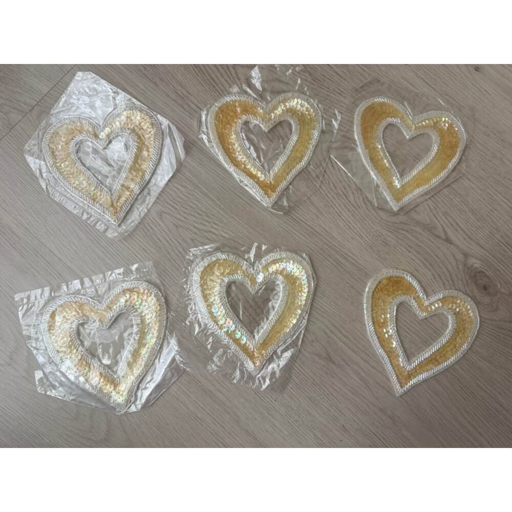 New Ivory White Sequin Beaded Cut Out Heart Appliqué Patch 4.5” - Lot of 6